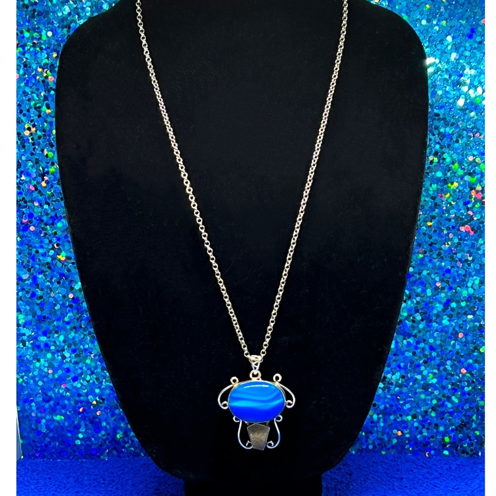 Dyed Blue Agate & Druzy Quartz 925 Sterling Pendant Necklace